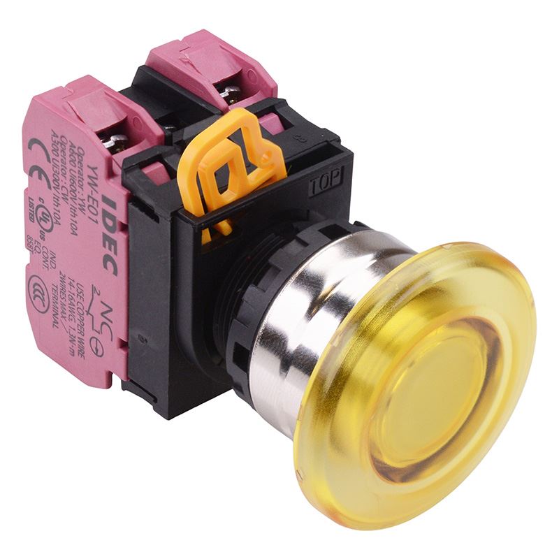 YW4L-M4E02Q3Y Yellow 12V illuminated 22mm Metal Bezel Mushroom Momentary Push Button Switch 2NC IP65 IDEC