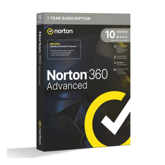 Norton 360 Advanced, 10 Device, 200GB Cloud Storage, PC, Mac, iOS & Android, 1 Year Subscription