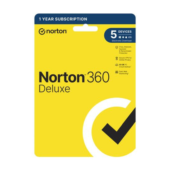 Norton 360 Deluxe, 5 Device, 50GB Cloud Storage, PC, Mac, iOS & Android, 1 Year Subscription