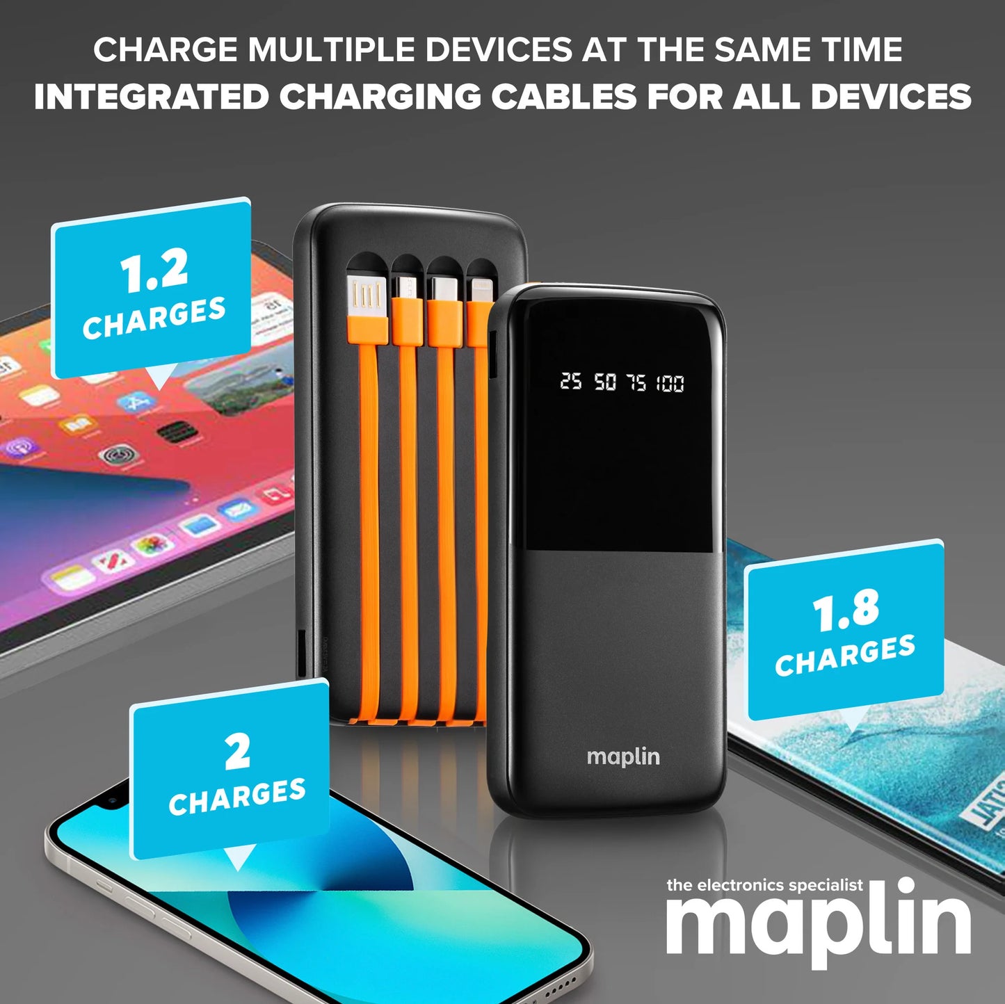 Maplin 10000mAh Slim Power Bank with Integrated 8-Pin, USB-C, USB-A & Micro USB Cables