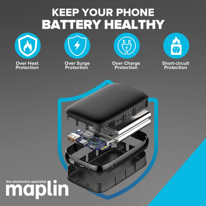 Maplin 10000mAh Slim Power Bank with Integrated 8-Pin, USB-C, USB-A & Micro USB Cables