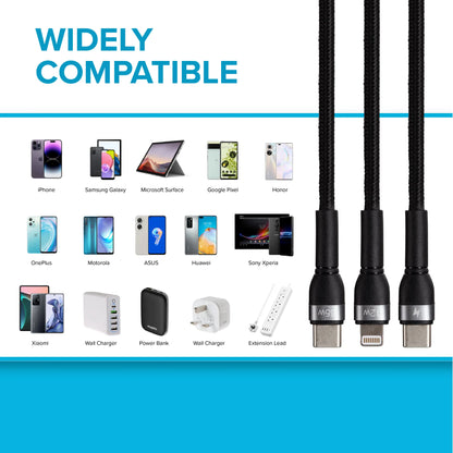 Maplin Multi-Charging 2-in-1 Cable, USB-C + 8-Pin Apple, 65W, Braided (1.2 Metre)