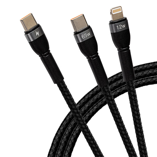 Maplin 2-in-1 USB-C to Multi-Charging USB-C 65W & Lightning 12W Braided Cable - 1.2m