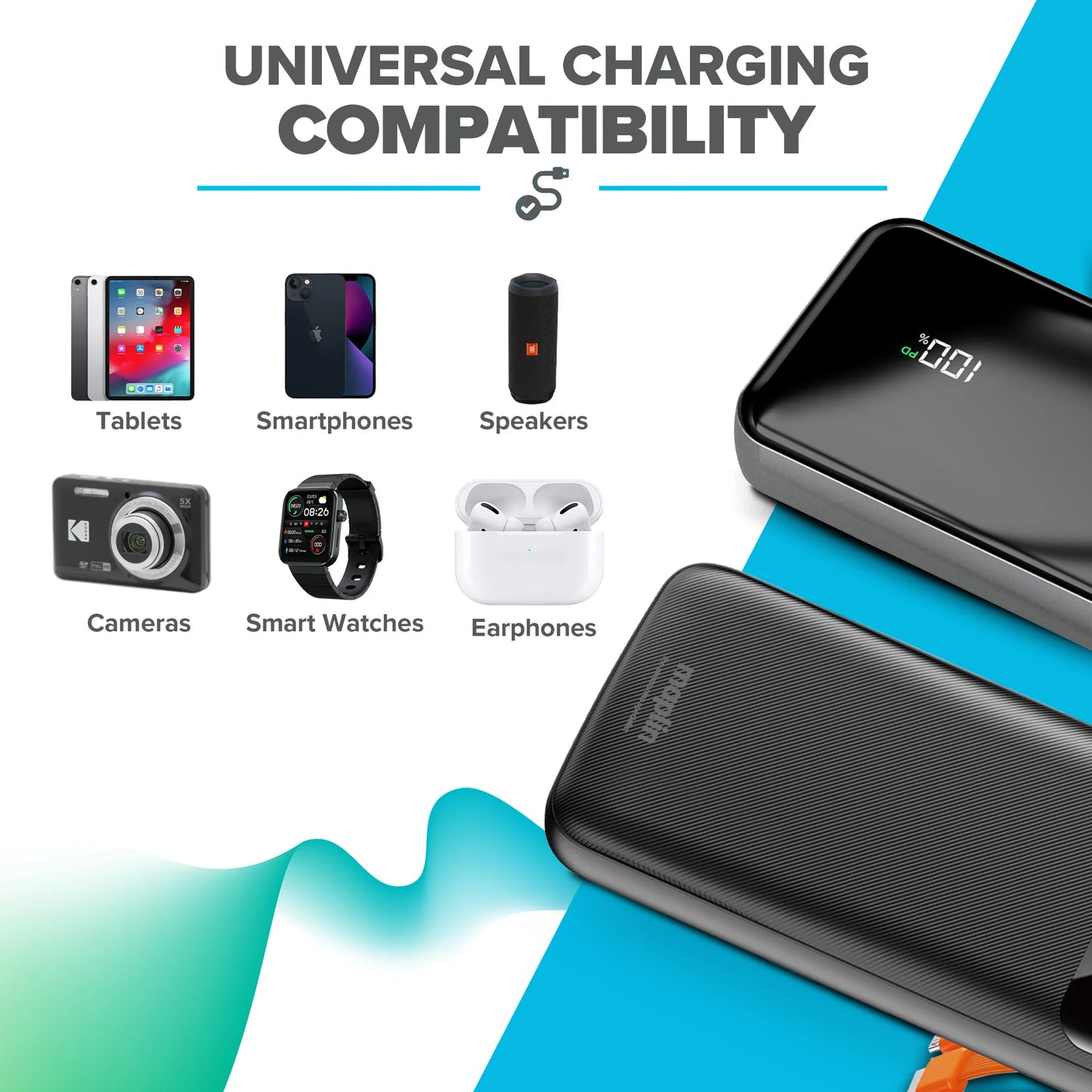 Maplin 20000mAh Portable Power Bank with Integrated USB-C, Micro USB & 8-Pin Apple Cables