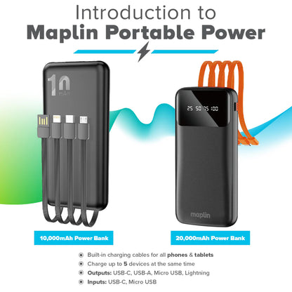 Maplin 20000mAh Portable Power Bank with Integrated USB-C, Micro USB & 8-Pin Apple Cables