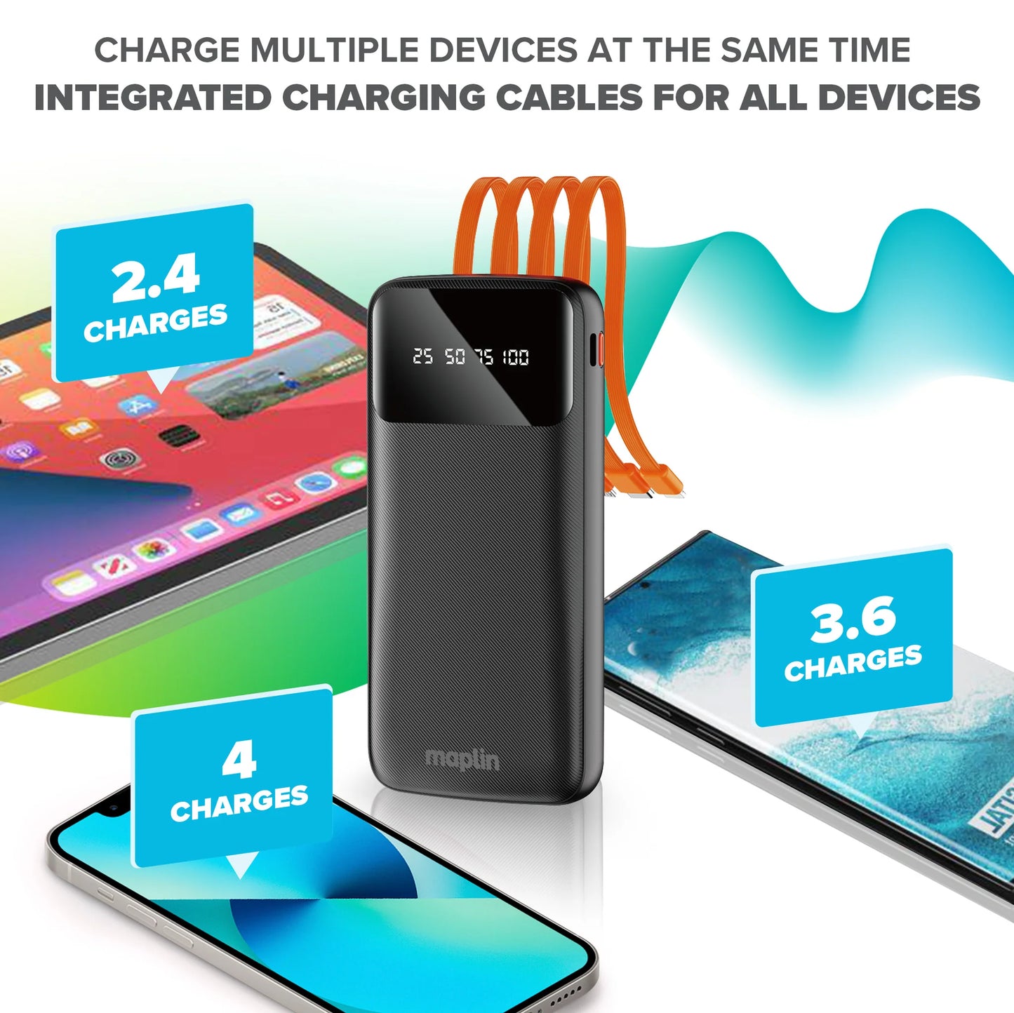 Maplin 20000mAh Portable Power Bank with Integrated USB-C, Micro USB & 8-Pin Apple Cables