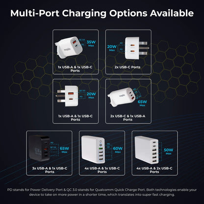 Maplin 4 Port USB Wall Charger 3x USB-A 2 1x USB-C PD QC 3.0 20W High Speed Charging