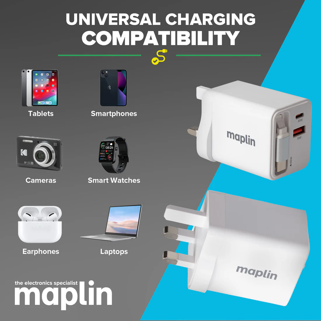 Maplin 65W Fast Charge Bundle USB-C GaN Retractable, 2x PD USB-C Cables 2m
