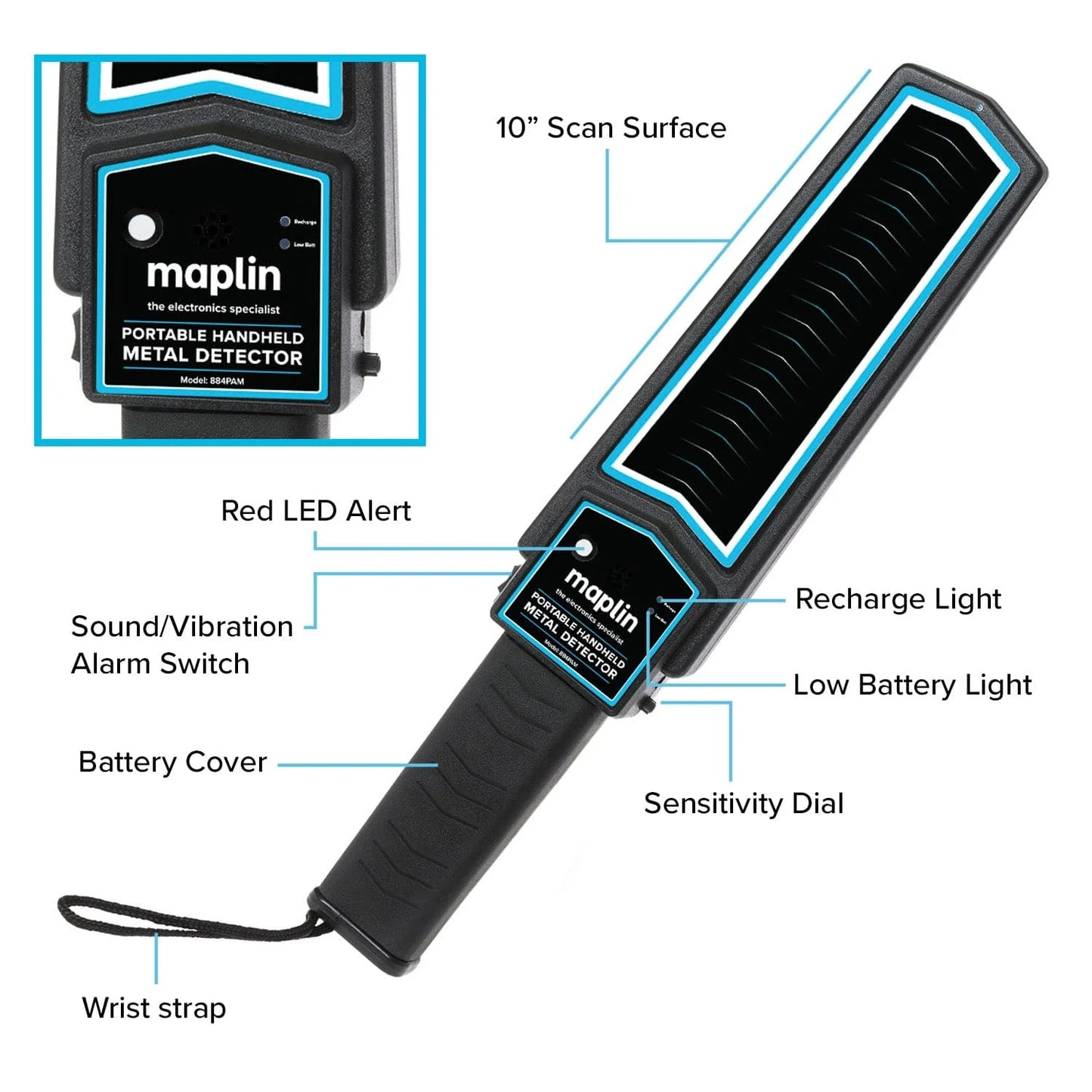 Maplin Handheld Metal Detector Security Wand with Sound and Vibration Alerts including Belt Holster