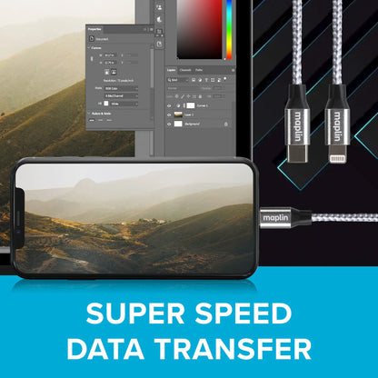 Maplin 8-Pin Connector to USB-C Cable Braided 27W for Apple Devices - 1m