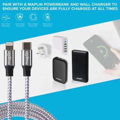 Maplin 8-Pin Connector to USB-C Cable Braided 27W for Apple Devices - 1m