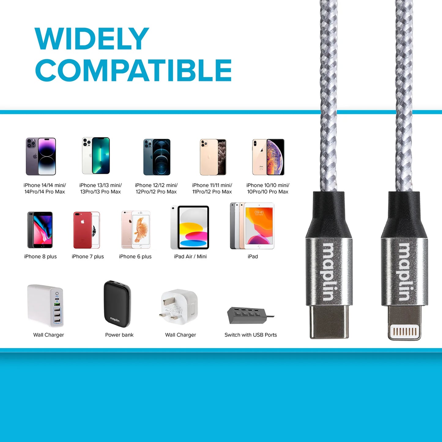 Maplin 8-Pin Connector to USB-C Cable Braided 20W High Speed For Apple Devices - 2m Silver