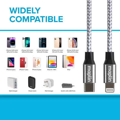 Maplin 8-Pin Connector to USB-C Cable Braided 20W High Speed For Apple Devices - 2m Silver