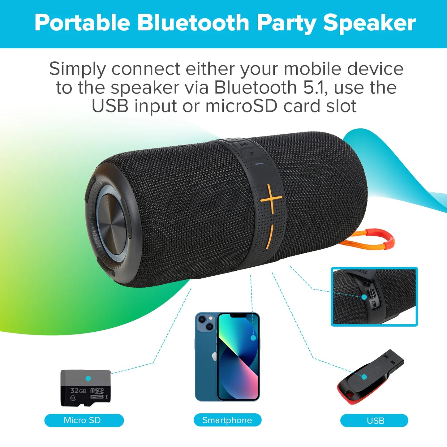Maplin Party Portable Wireless BT Speaker 2X 10Watts USB-C Charging  - Black