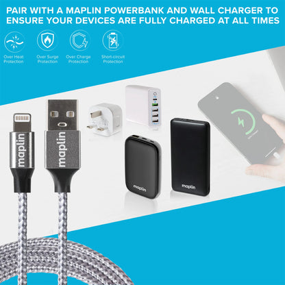 Maplin USB-A to 8-Pin Connector Cable for Apple Devices 12W - 3m Silver