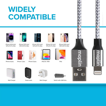 Maplin USB-A to 8-Pin Connector Cable for Apple Devices 12W - 3m Silver