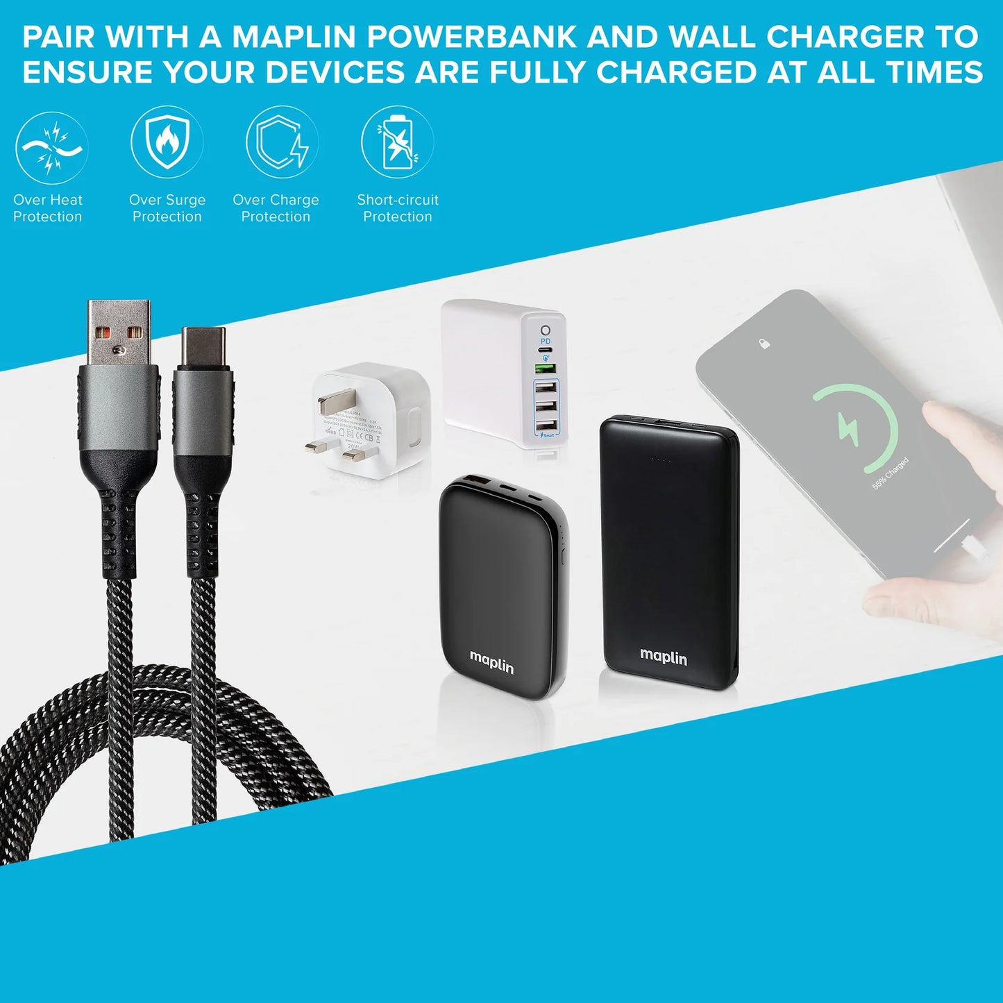 Maplin 65W Fast Charge Bundle USB-C GaN Retractable, 2x PD USB-C Cables 2m