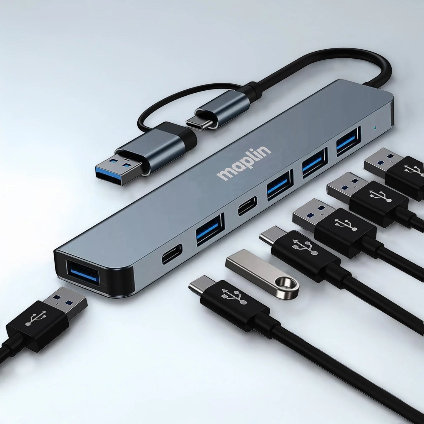 Maplin USB-C & A Multiport Hub 4x USB-A 2.0 1x USB-A 3.0 2x USB-C DC 13cm Cable