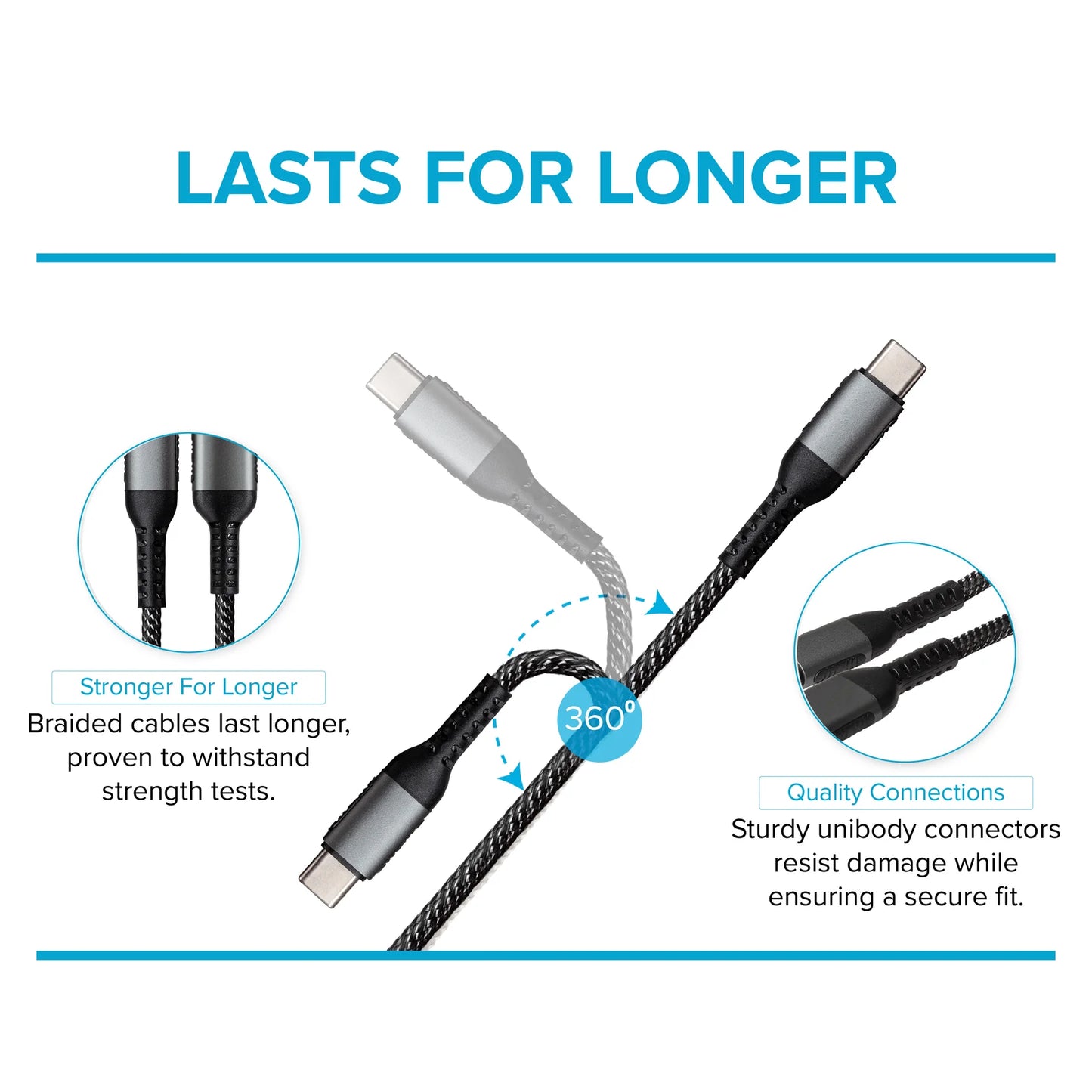 Maplin USB-C to USB-C 60W PD Braided Cable - Grey - 2m