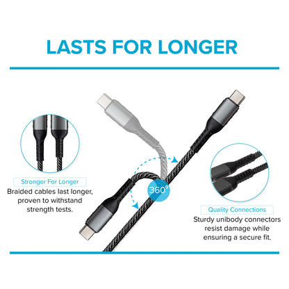 Maplin USB-C to USB-C 60W PD Braided Cable - Grey - 2m