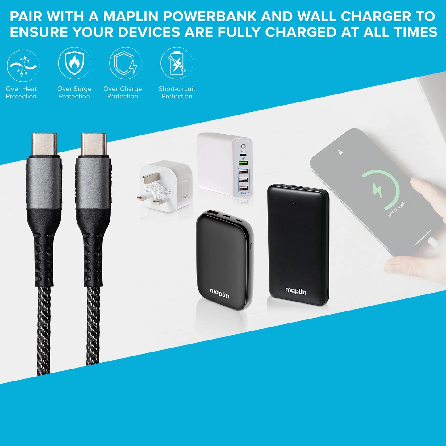 Maplin USB-C to USB-C 60W PD Braided Cable - Grey - 2m
