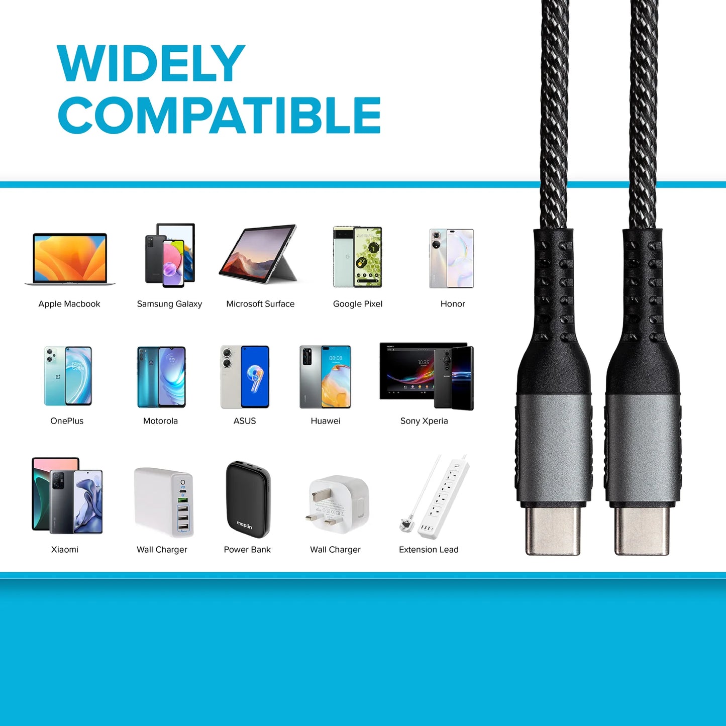 Maplin USB-C to USB-C 60W PD Braided Charge and Sync USB Cable, Grey, 1m