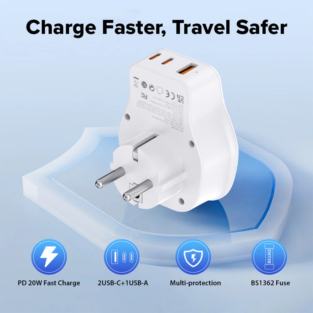 Maplin Worldwide Travel Adapter 1x USB-A & 2x USB-C 4 Detachable Plugs 20W PD