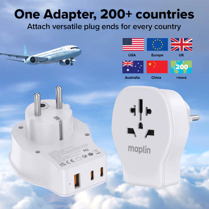 Maplin Worldwide Travel Adapter 1x USB-A & 2x USB-C 4 Detachable Plugs 20W PD