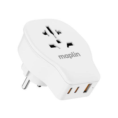 Maplin Worldwide Travel Adapter 1x USB-A & 2x USB-C 4 Detachable Plugs 20W PD