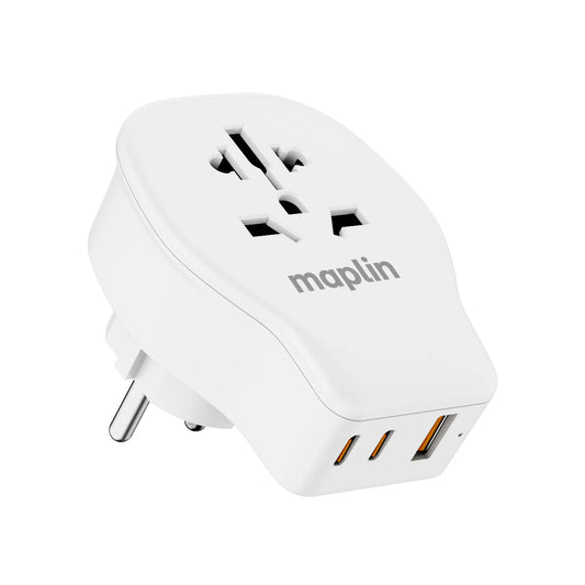 Maplin Worldwide Travel Adapter 1x USB-A & 2x USB-C 4 Detachable Plugs 20W PD