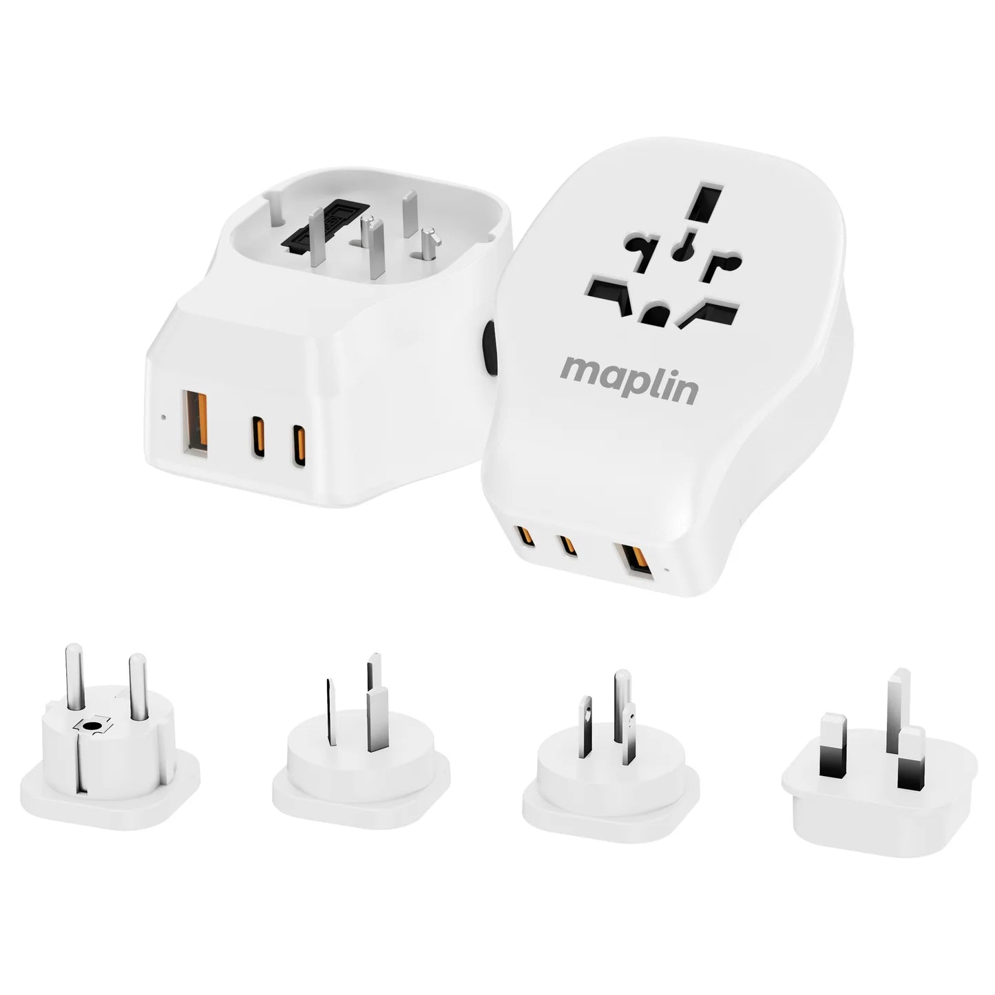 Maplin Worldwide Travel Adapter 1x USB-A & 2x USB-C 4 Detachable Plugs 20W PD