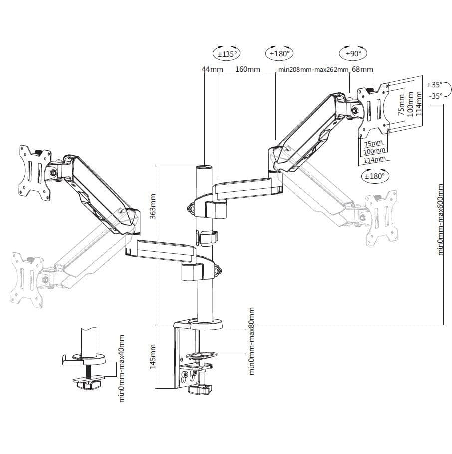 ProperAV Desk Monitor Mount 17" - 32" Extra Height Dual Articulated Swing Arm VESA Max 100x100