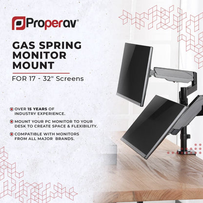 ProperAV Desk Monitor Mount 17" - 32" Extra Height Dual Articulated Swing Arm VESA Max 100x100
