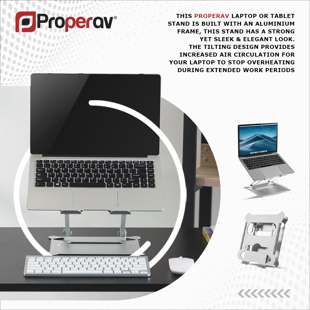 ProperAV Aluminium Construction Fully Adjustable Laptop or Tablet Stand - Silver