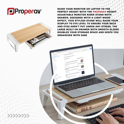 ProperAV Monitor Riser Stand with Height Adjustable with Drawer - Wood Effect