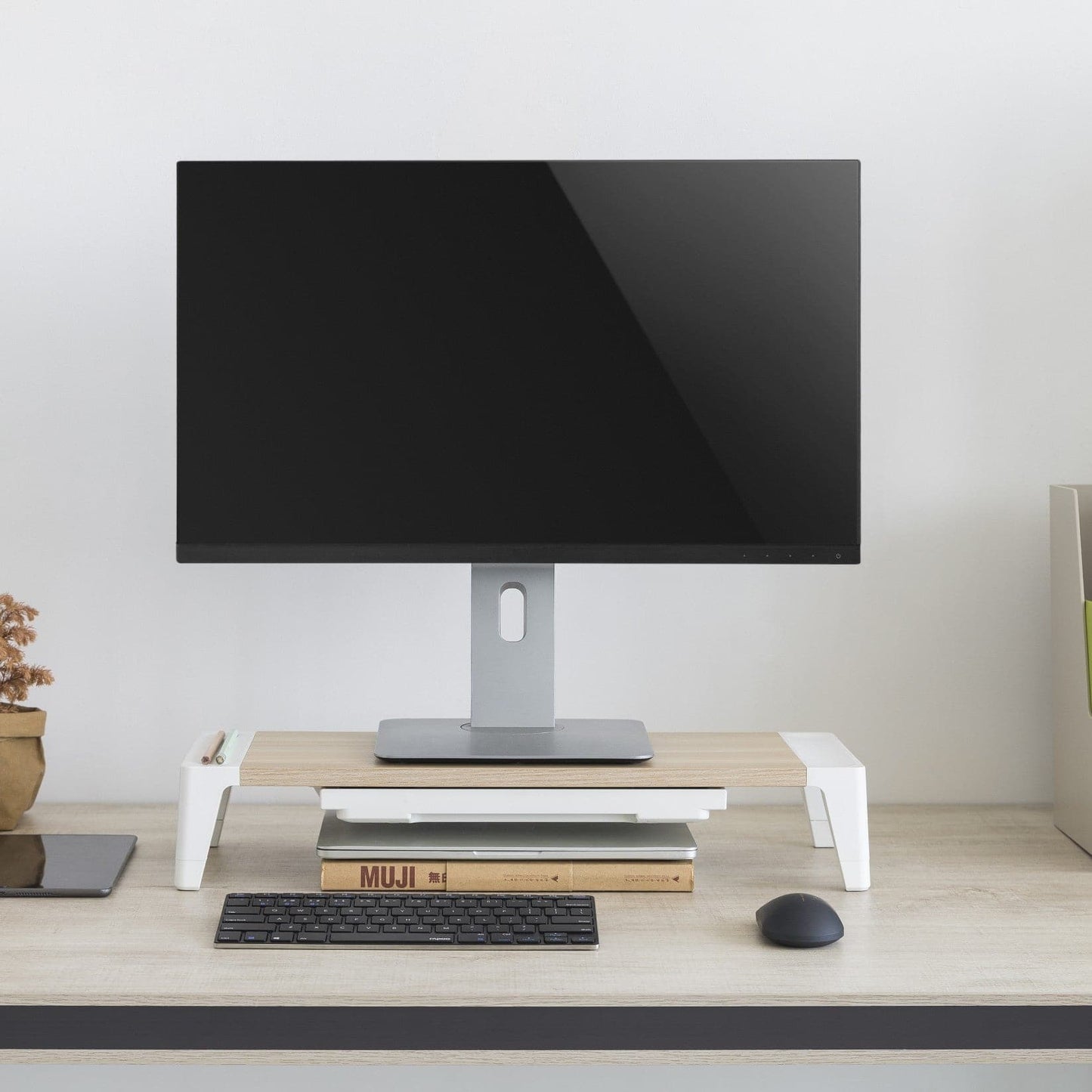 ProperAV Monitor Riser Stand with Height Adjustable with Drawer - Wood Effect