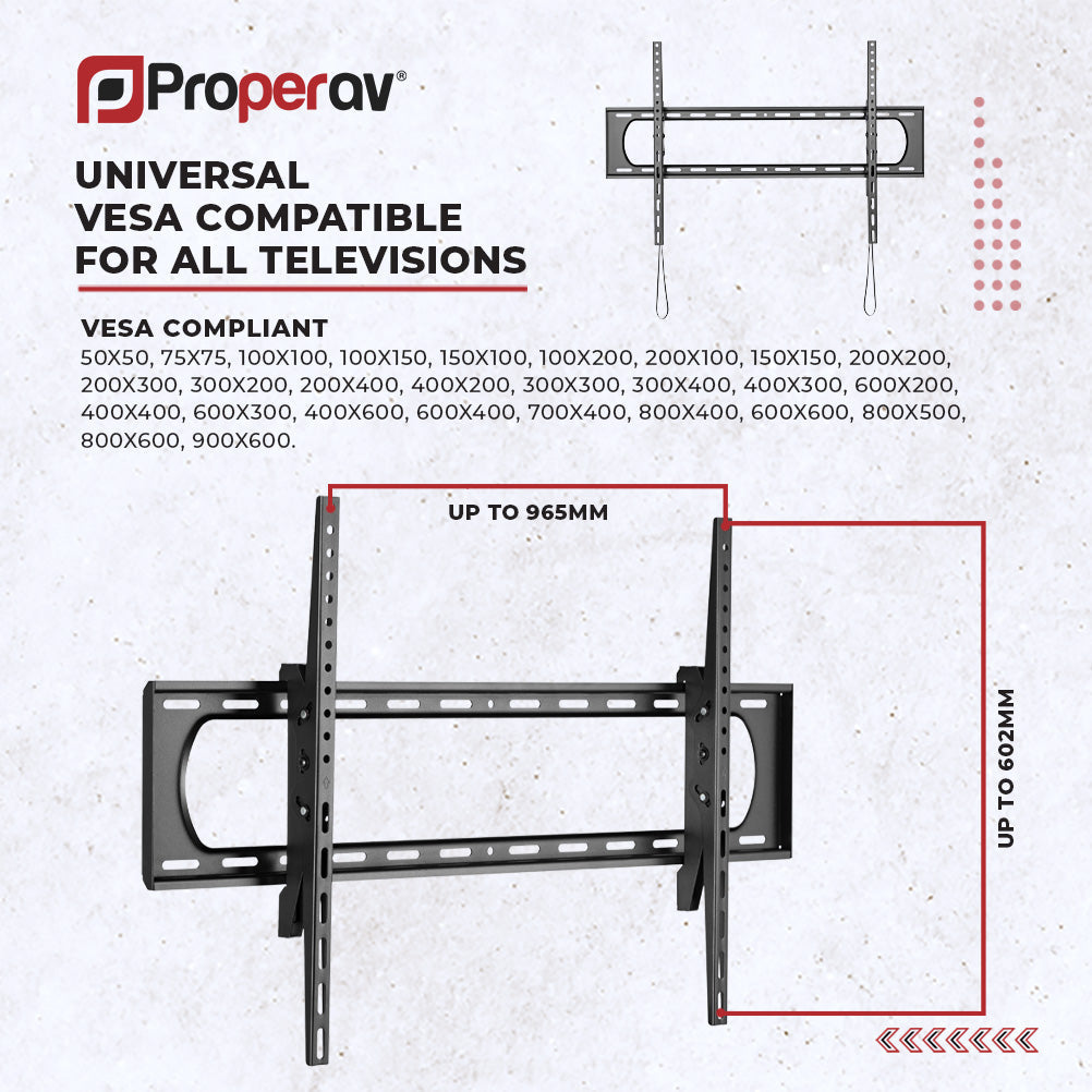 ProperAV Flat TV Wall Bracket (60" - 120" / 120kg Capacity / VESA Max. 900x600) - Black