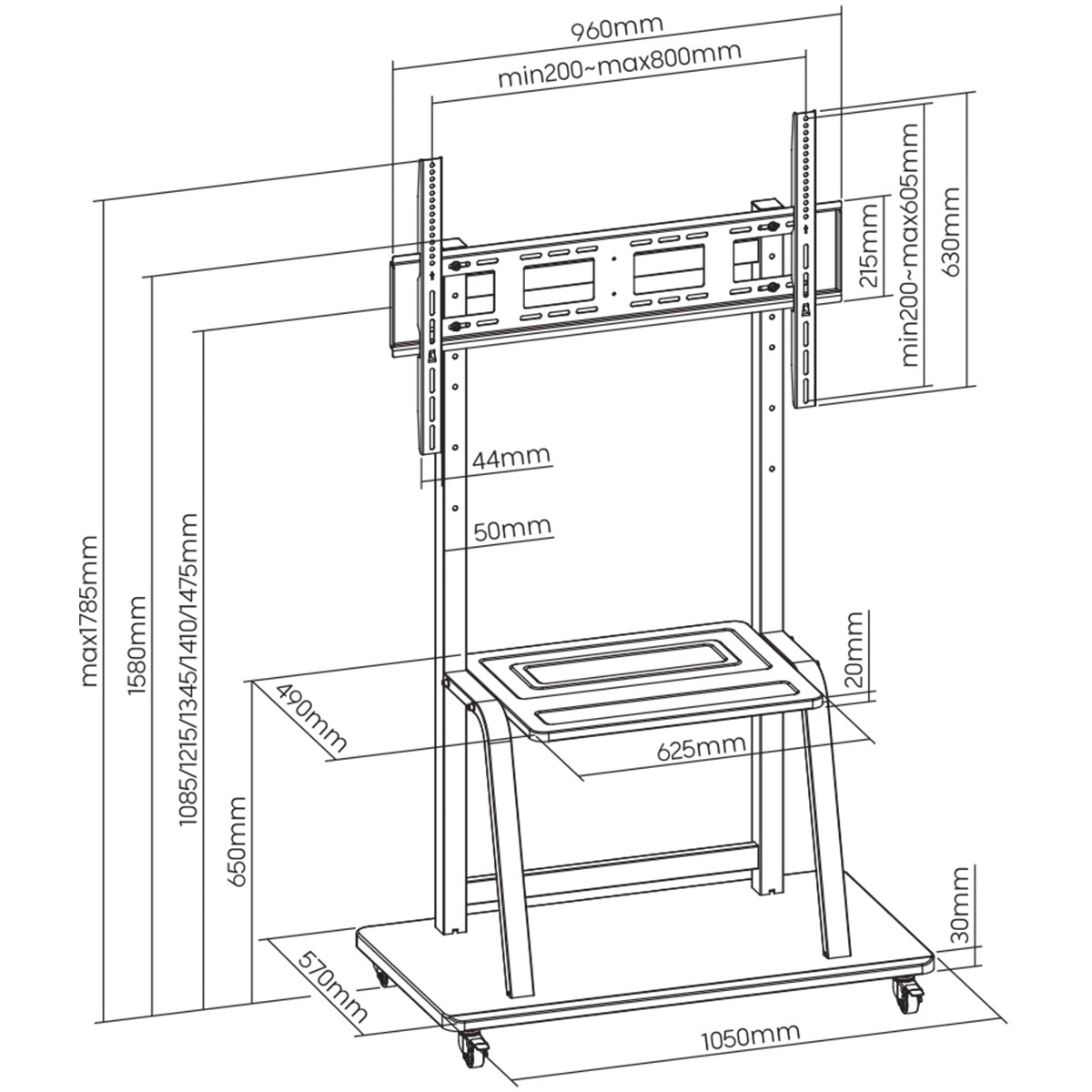 ProperAV Mobile TV Trolley Stand on Wheels for 37" - 100" Screens (150kg Capacity / VESA Max. 800x600)