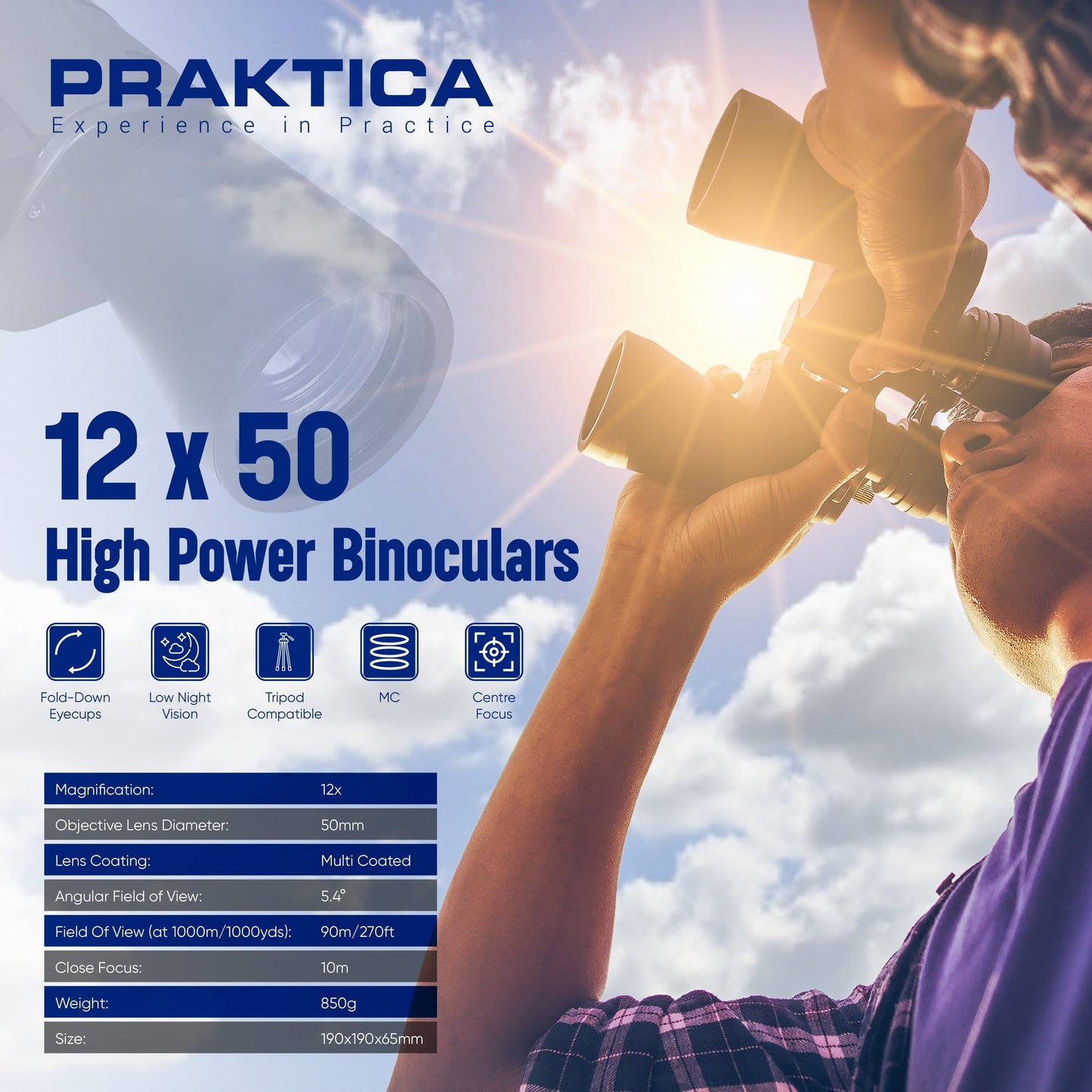 PRAKTICA Falcon 12x50mm Multi Coated Porro Prism Field Binoculars - Black