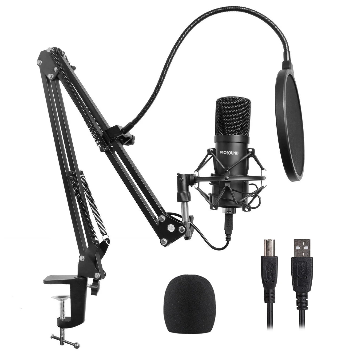 ProSound USB Condenser Cardioid Microphone with Boom Arm Kit including Pop Filter