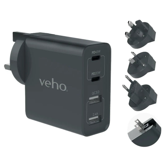Veho TA-45 4-Port PD Multi Region Universal USB Charger Plug Adapter