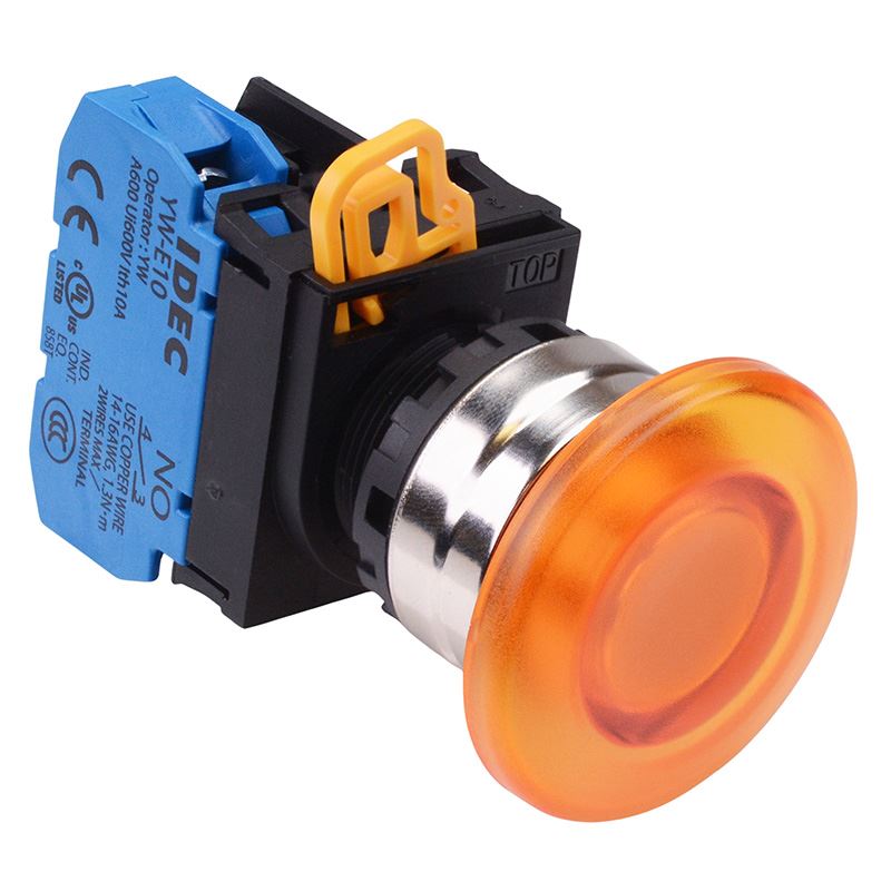 YW4L-A4E01Q3A Amber 12V illuminated 22mm Metal Bezel Mushroom Maintained Push Button Switch NC IP65 IDEC