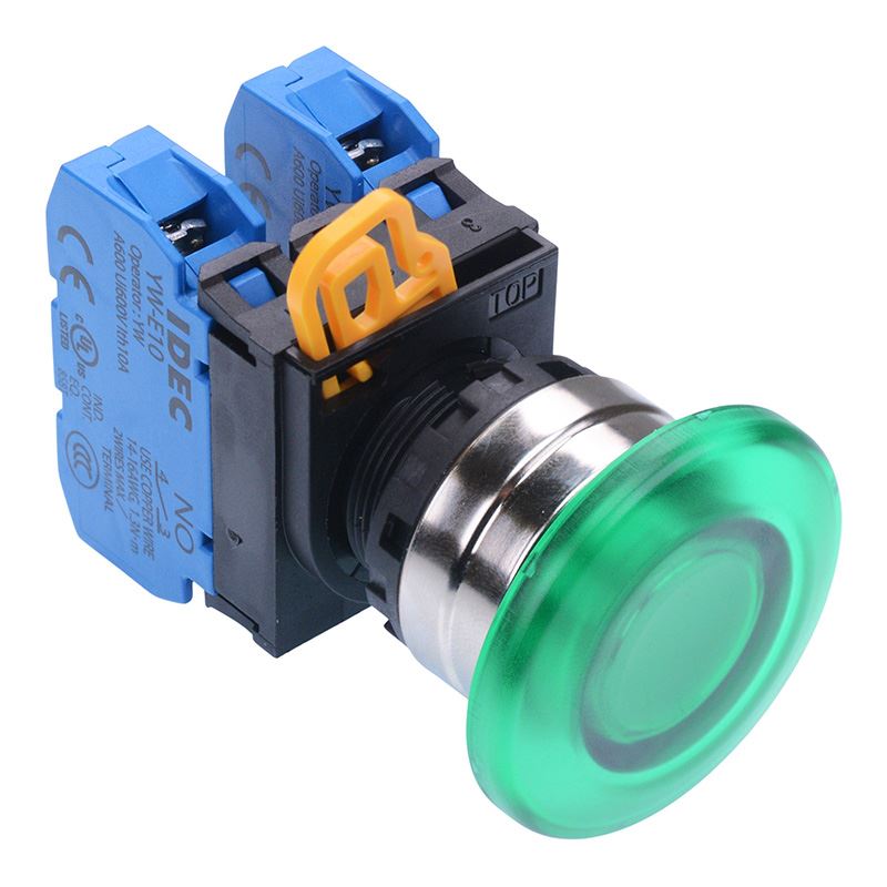 YW4L-A4E20Q0G Green 22mm Metal Bezel Mushroom Maintained Push Button Switch 2NO IP65 IDEC