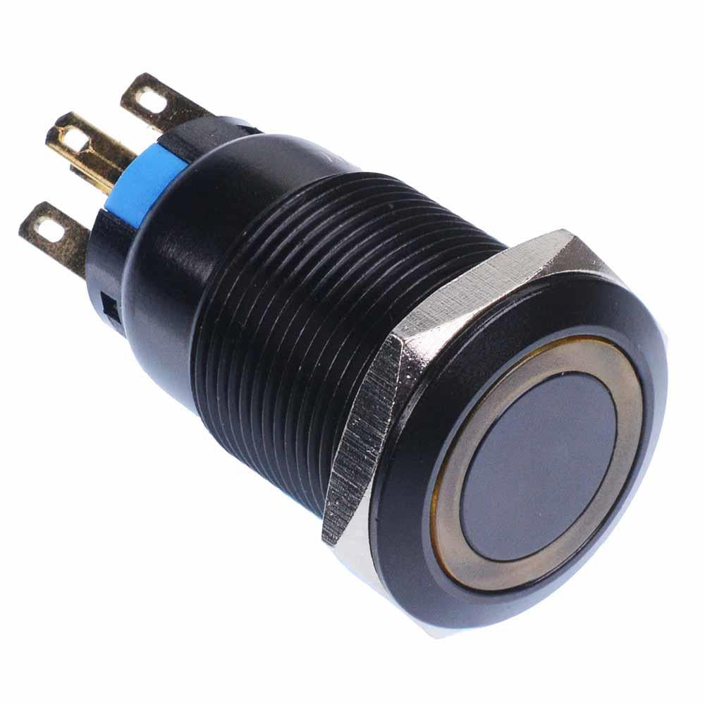 Yellow LED On-On 19mm Black Vandal Resistant Push Switch