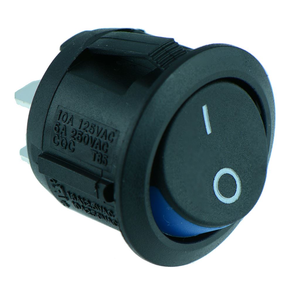 Blue Round ‘Visi On’ Rocker Switch SPST R13-112A2-02