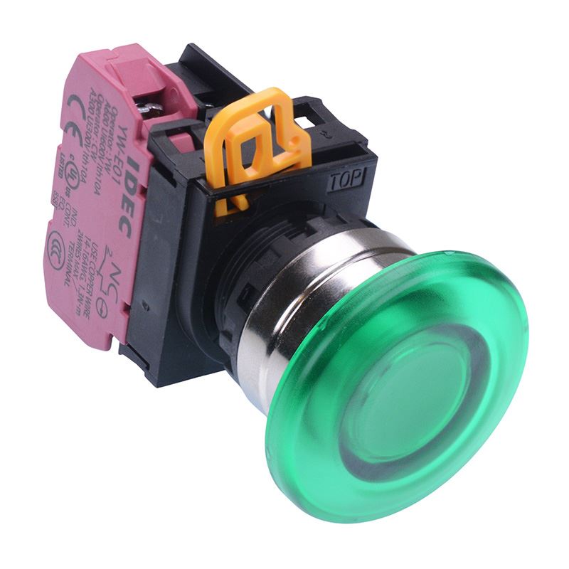YW4L-A4E01Q3G Green 12V illuminated 22mm Metal Bezel Mushroom Maintained Push Button Switch NC IP65 IDEC
