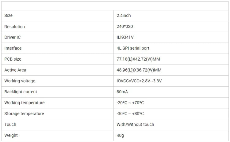 LCD 2.4 Inch Touch Screen Full Colour 240×320 Pixel TFT Display ILI9341