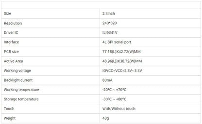 LCD 2.4 Inch Touch Screen Full Colour 240×320 Pixel TFT Display ILI9341