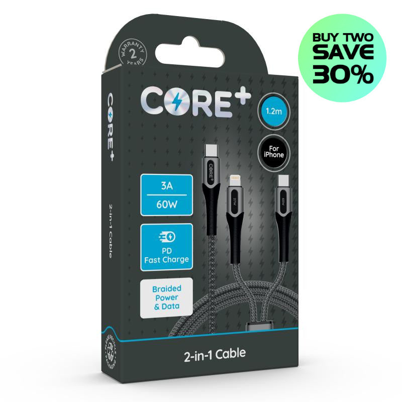 CORE+ 2-in-1 Power Delivery Braided USB-C to USB-C + Apple 8-Pin Cable ...