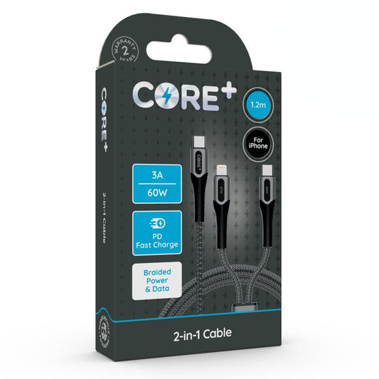 CORE+ 2-in-1 Power Delivery Braided USB-C to USB-C + Apple 8-Pin Cable, 1.2m, 3A, 60W